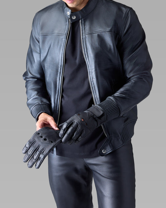Vanta black leather driving-inspired gloves by Leopardi Apparel