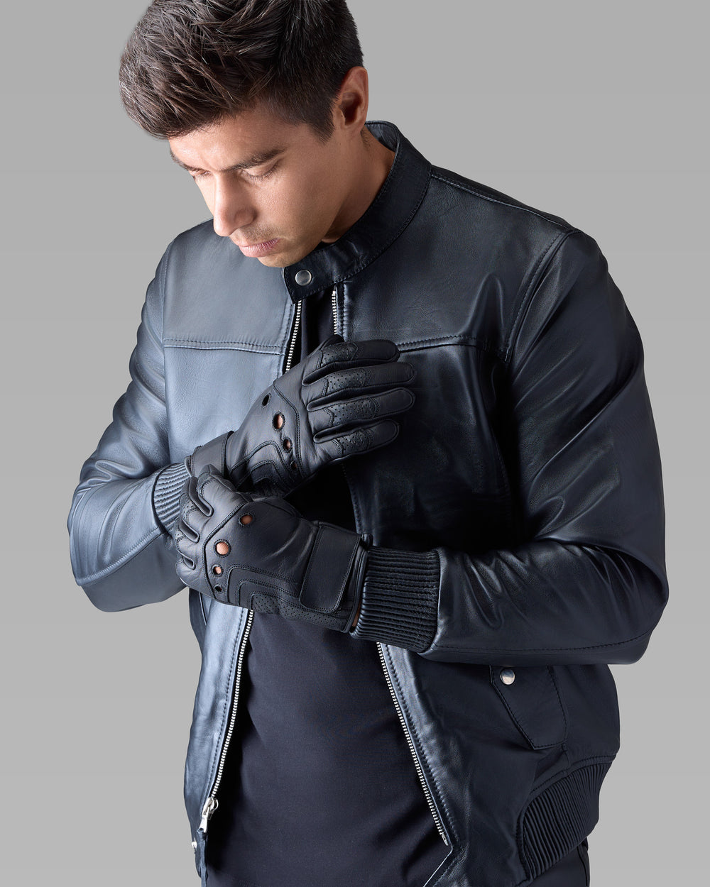 Vanta black leather driving-inspired gloves by Leopardi Apparel
