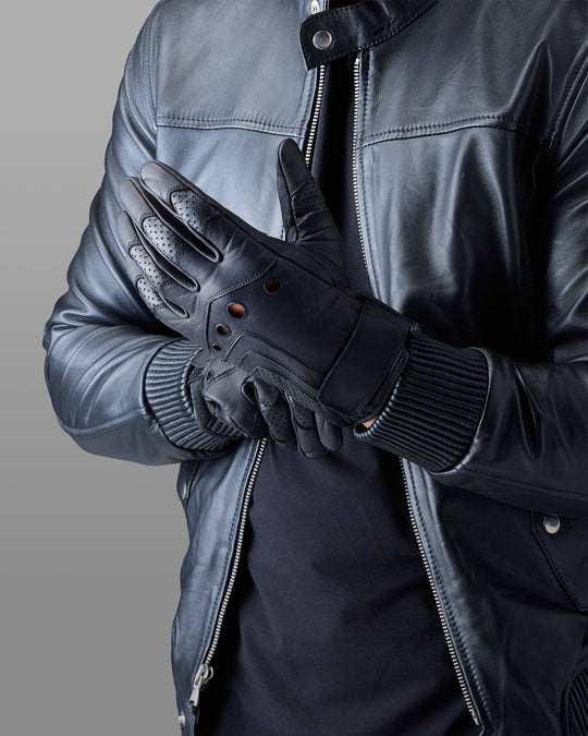 Vanta black leather driving-inspired gloves by Leopardi Apparel
