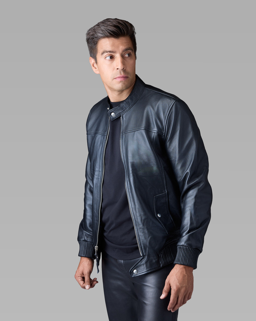 Apex black leather racer jacket by Leopardi Apparel