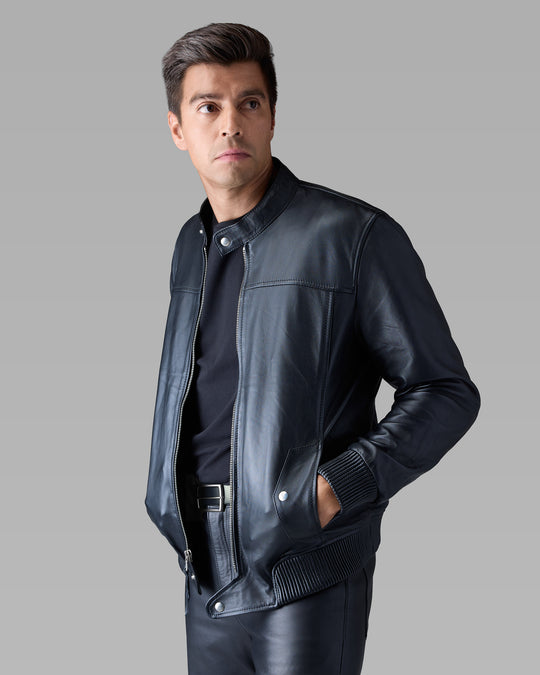 Apex black leather racer jacket by Leopardi Apparel