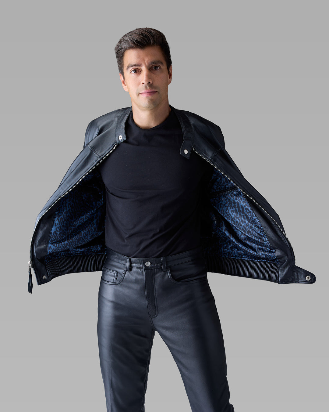 Apex black leather racer jacket by Leopardi Apparel
