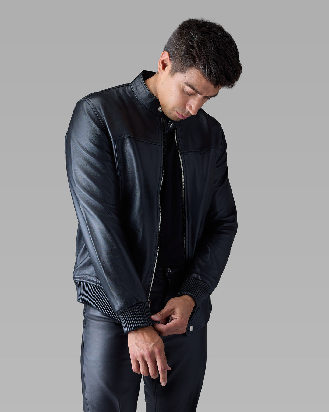 Apex black leather racer jacket by Leopardi Apparel